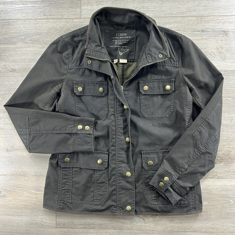 JCrew Med Downtown Field Jacket Olive Green Military Utility Waxed Cotton Chore